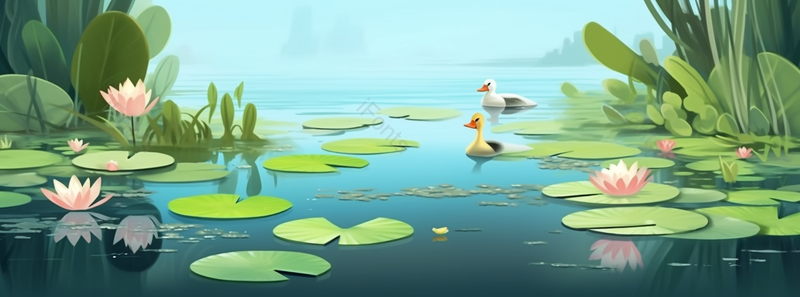 绿色荷花鸭子可爱插画背景,插画/手绘图,插画/手绘图库,插画/手绘图下载,插画/手绘